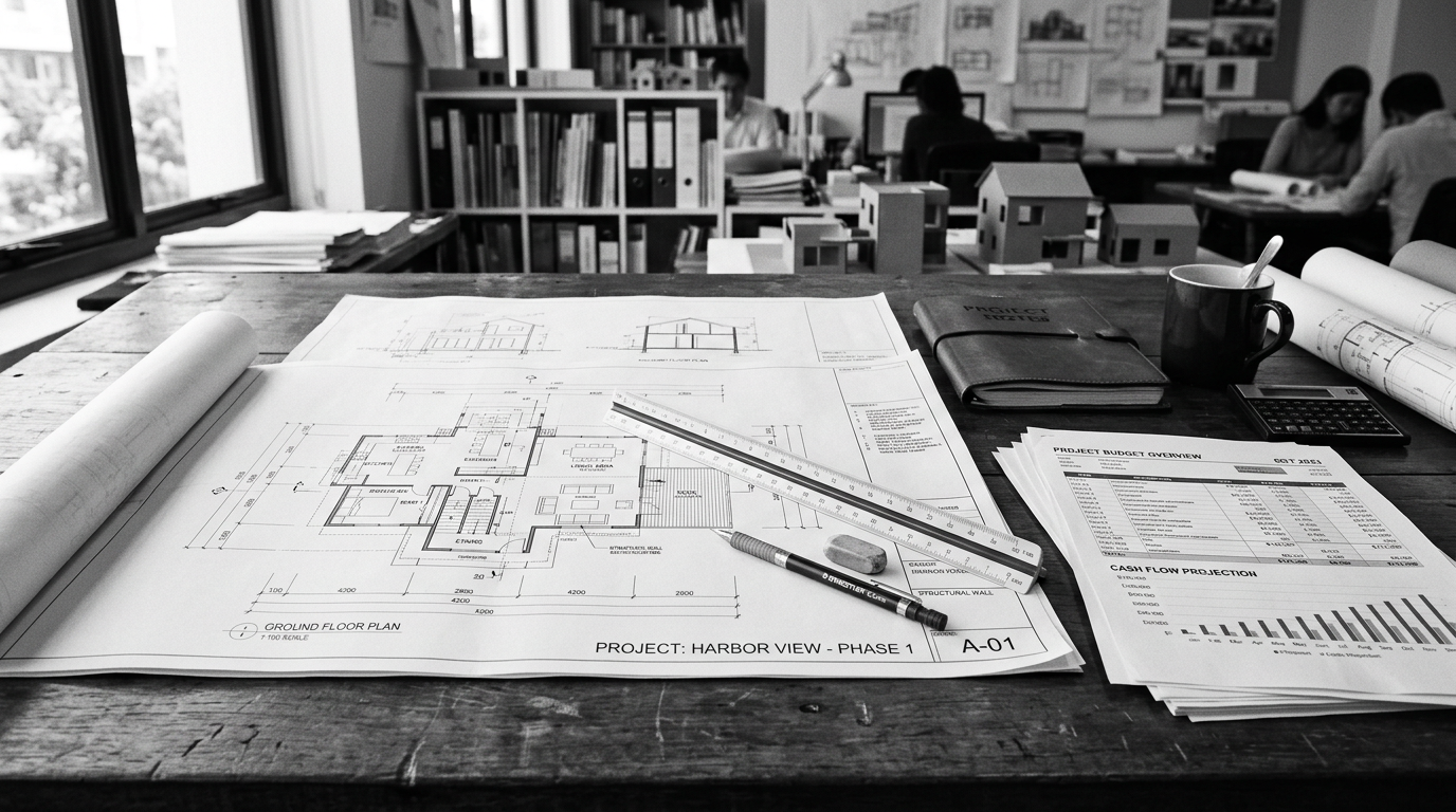 Architect desk with blueprints and documents