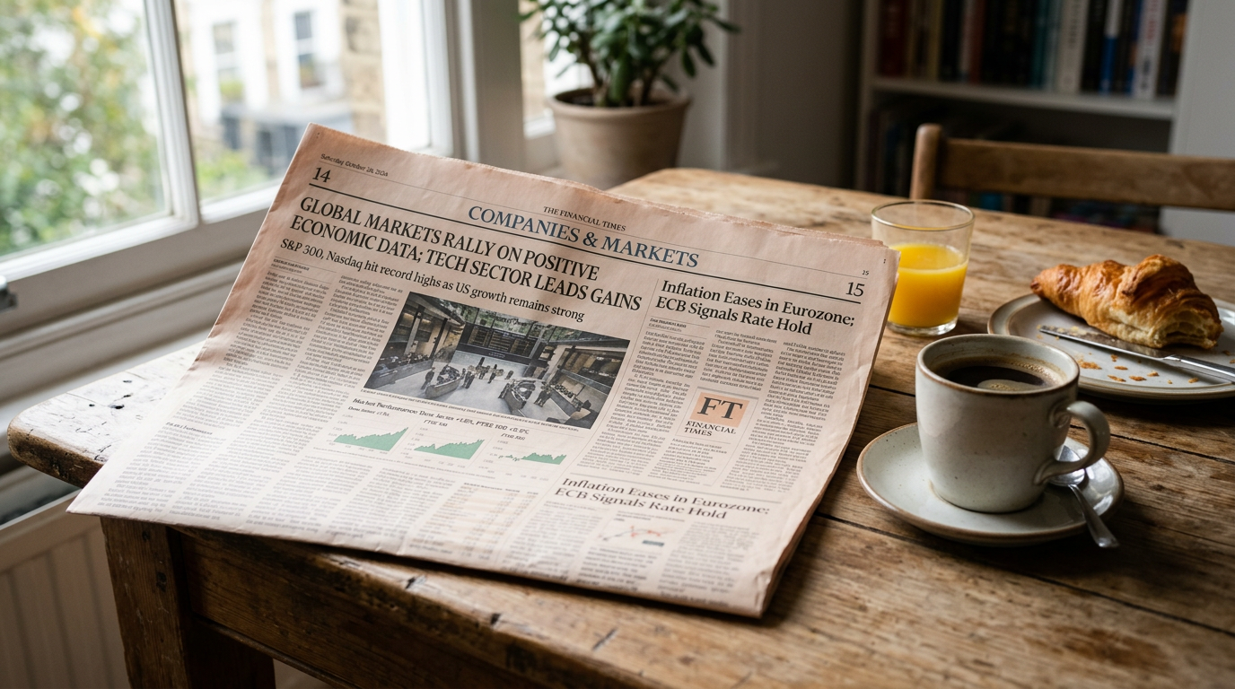 Financial newspaper section at breakfast table
