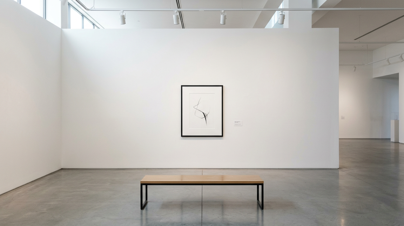 Minimal gallery with bench suggesting contemplation